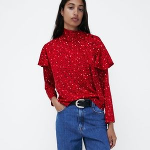 Zara Satin Heart printed Neck Bow Blouse